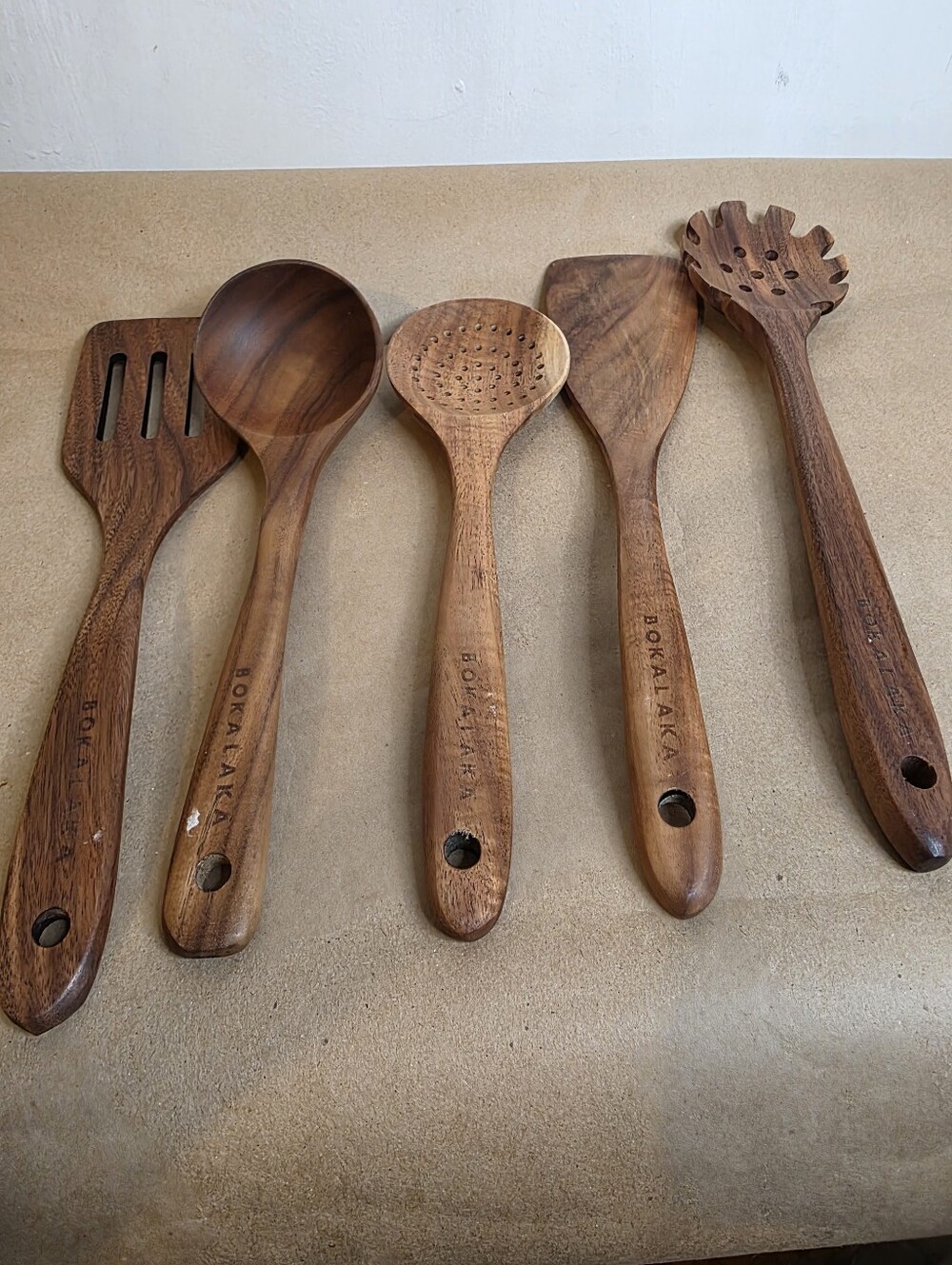 Bokalaka 5 Cooking Utensils Wood Smooth Finish.